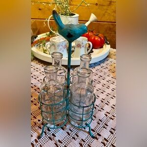 🔥Shabby Chic Bird Teal Patina Metal Basket With 4 Bottle Bud Vases🔥